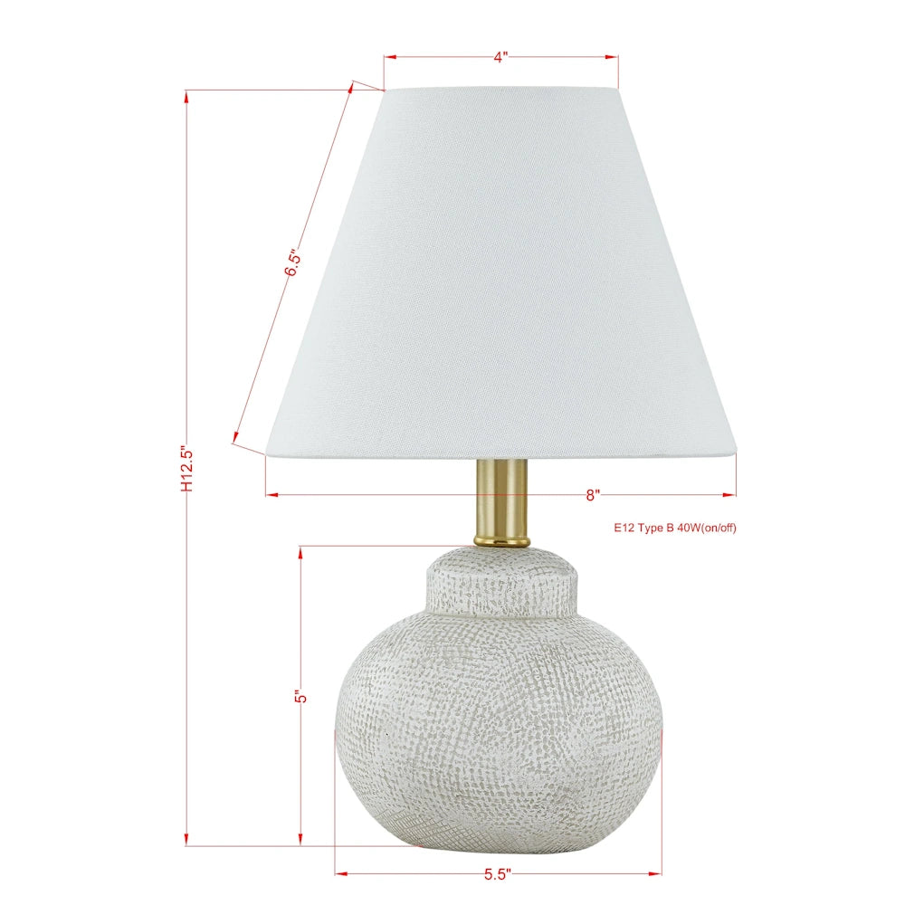 White textured ceramic table lamp dimensions with tapered shade, 12.5 inch height and brass accent.