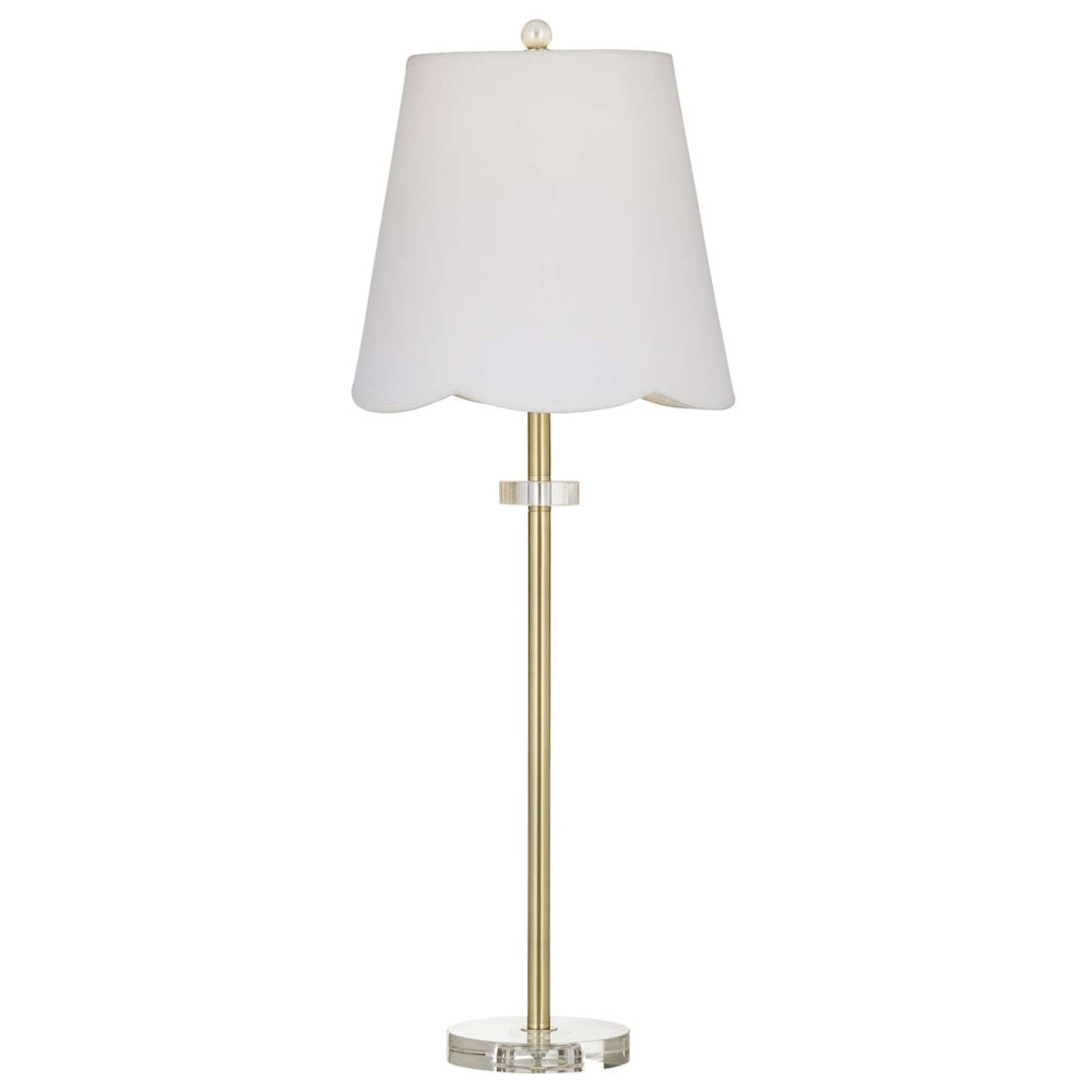 Modern gold buffet lamp with white scalloped shade and crystal accents for elegant home decor.