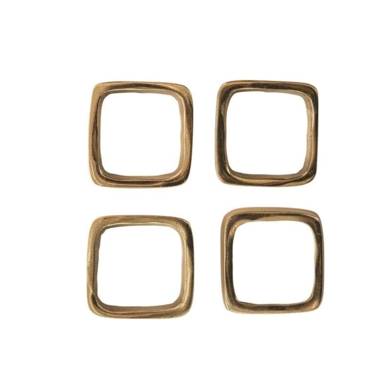 Square Metal Napkin Rings on Leather Tie, Brass Finish, Set of 4 — alternate view 3