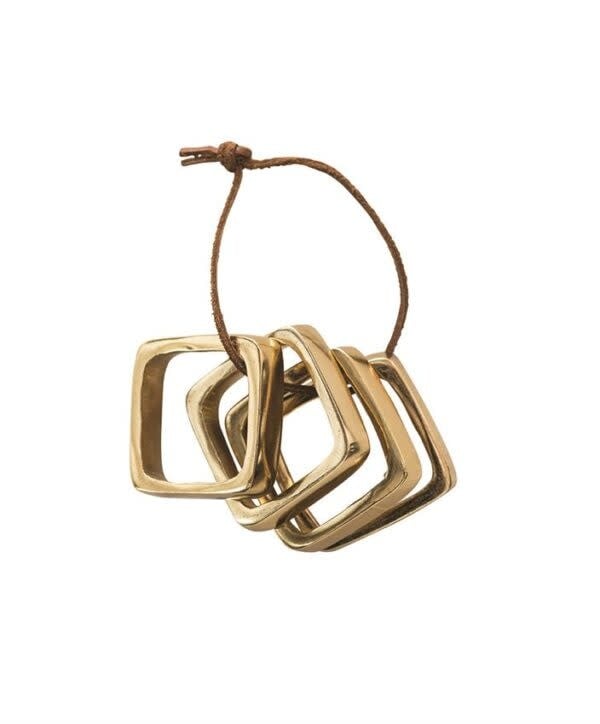 Square Metal Napkin Rings on Leather Tie, Brass Finish, Set of 4 — alternate view 2
