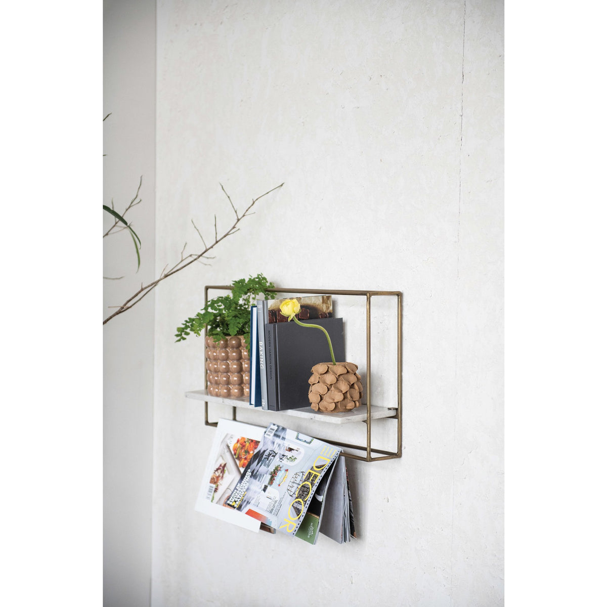 Metal and White Marble Wall Shelf, Brass Finish — alternate view 2