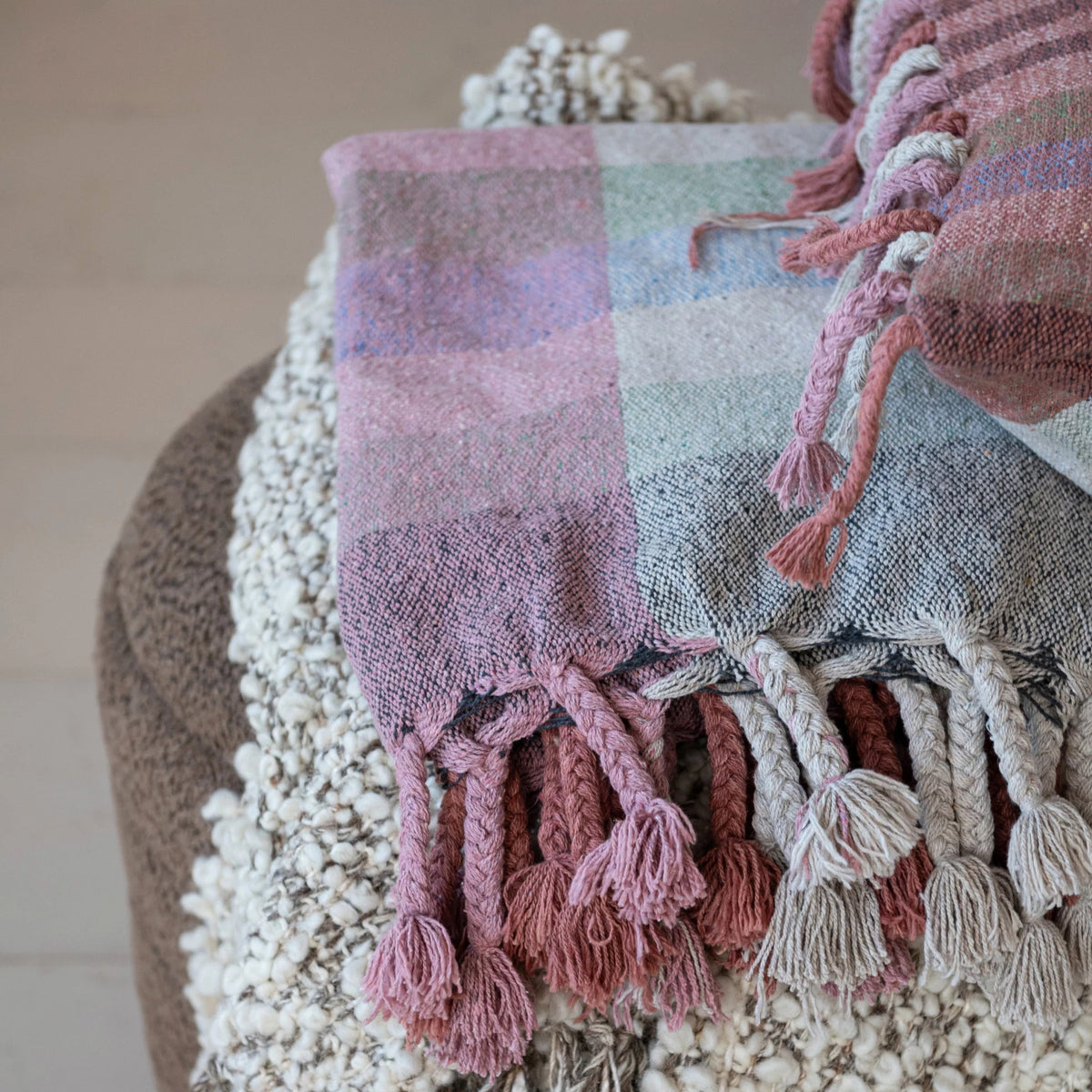 Cotton Blend Throw With Braided Fringe, Blush — alternate view 2