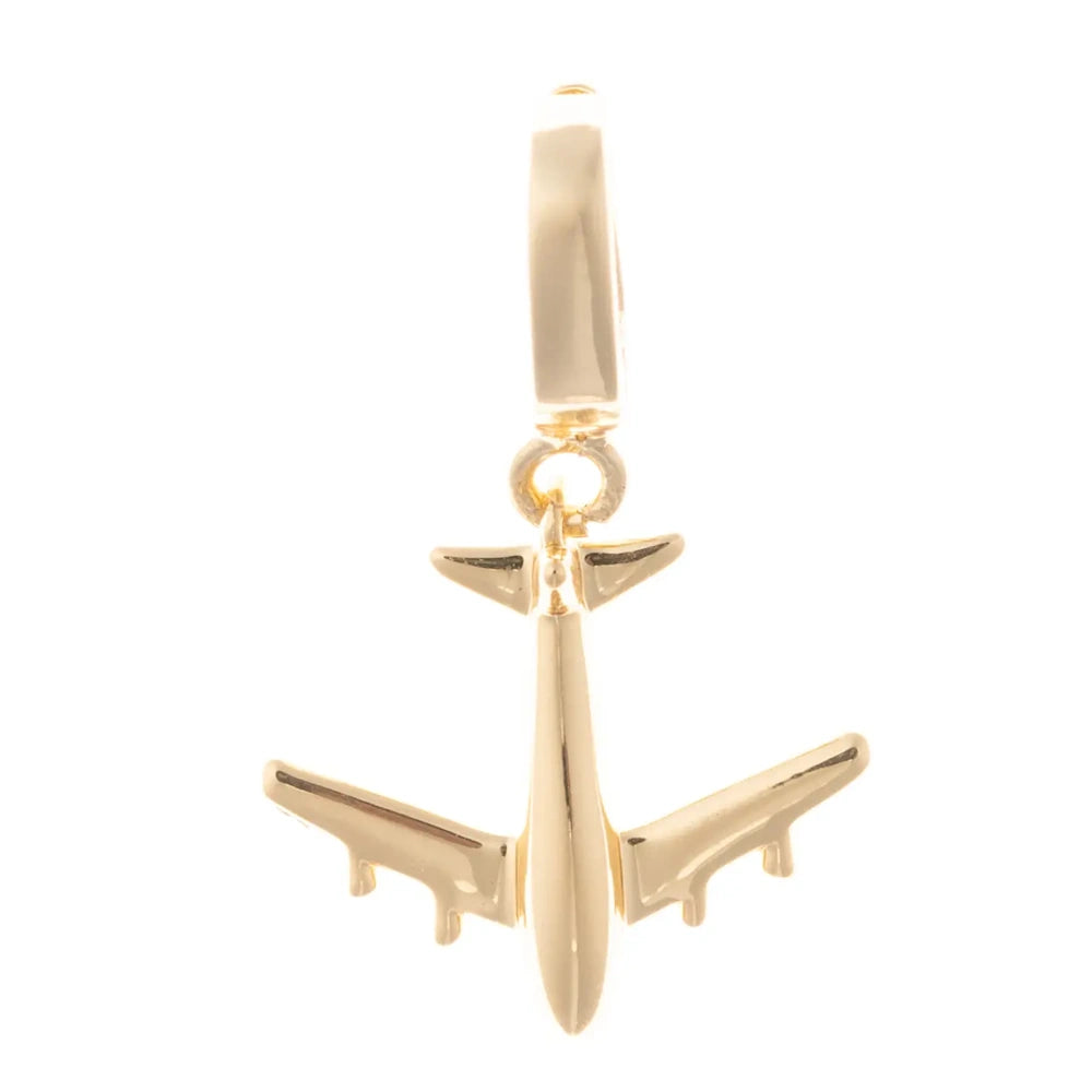 Polished gold airplane pendant charm on a white background.