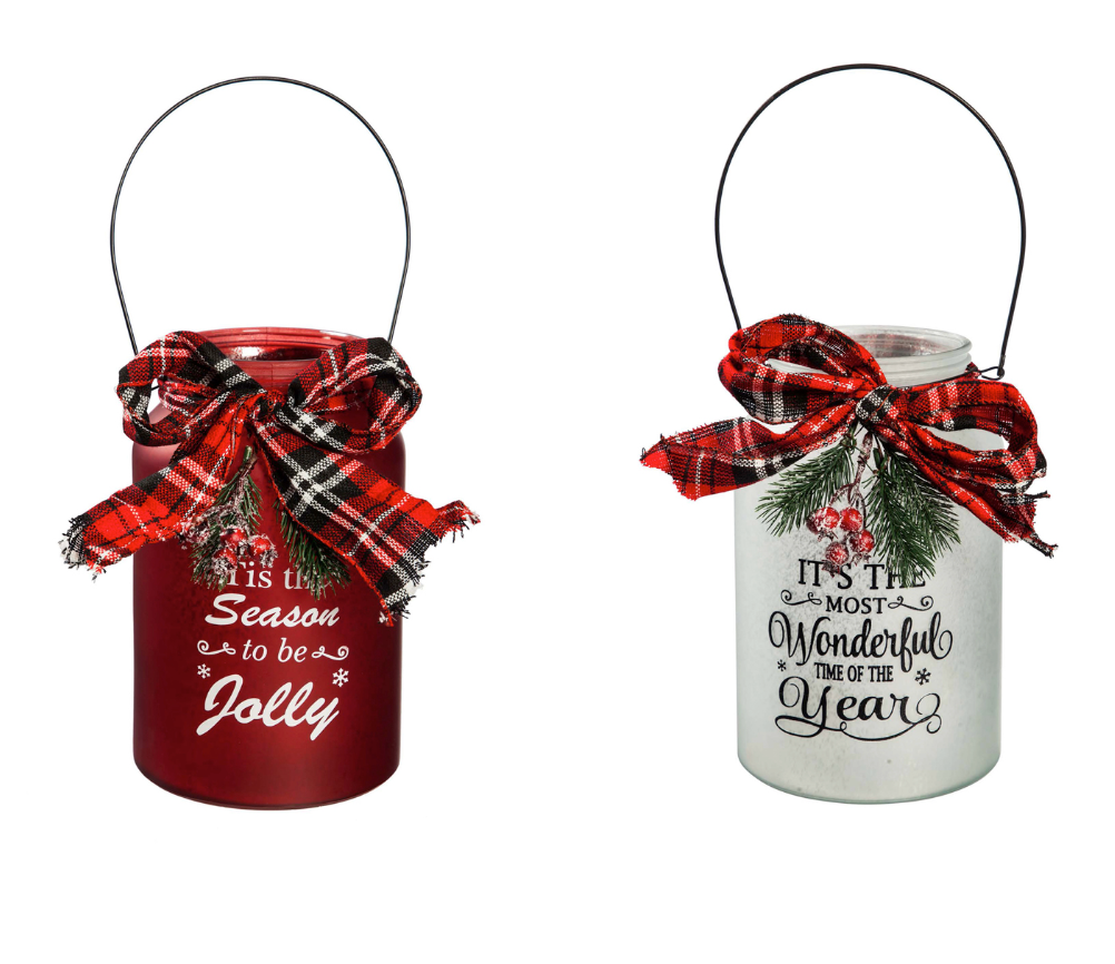 White LED Jar with Plaid Ribbon, Pine, and Berries