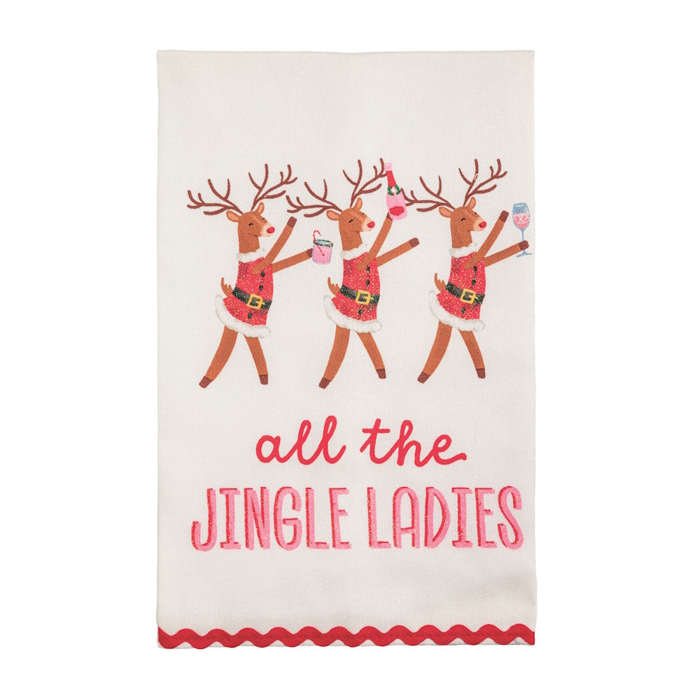 White holiday dish towel with three dancing reindeer and the text "all the JINGLE LADIES."