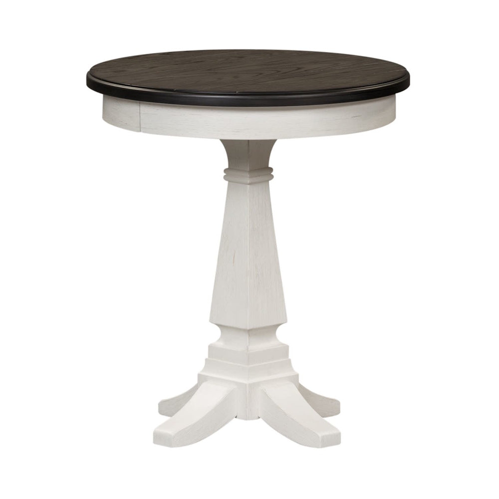 Round two-tone accent table with a dark wood top and antique white pedestal base.
