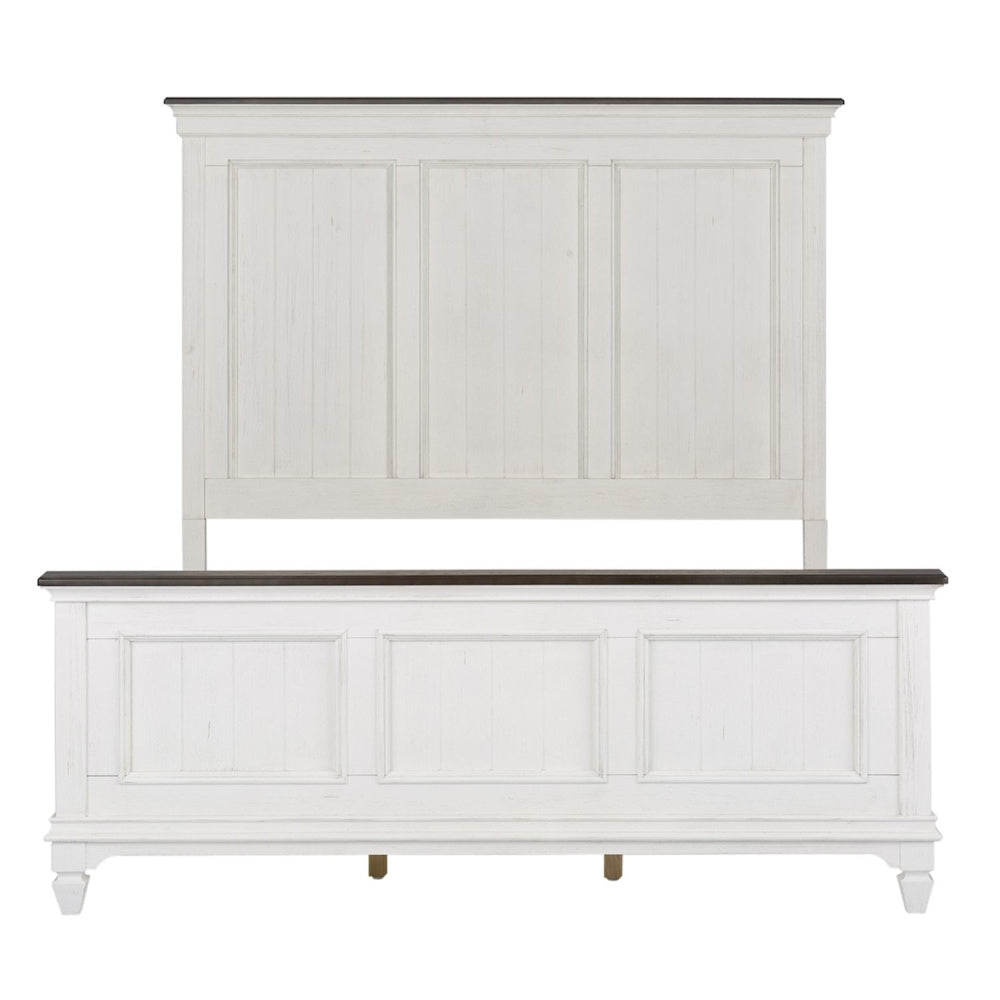 Two-tone panel headboard and footboard frame in distressed white with dark trim.