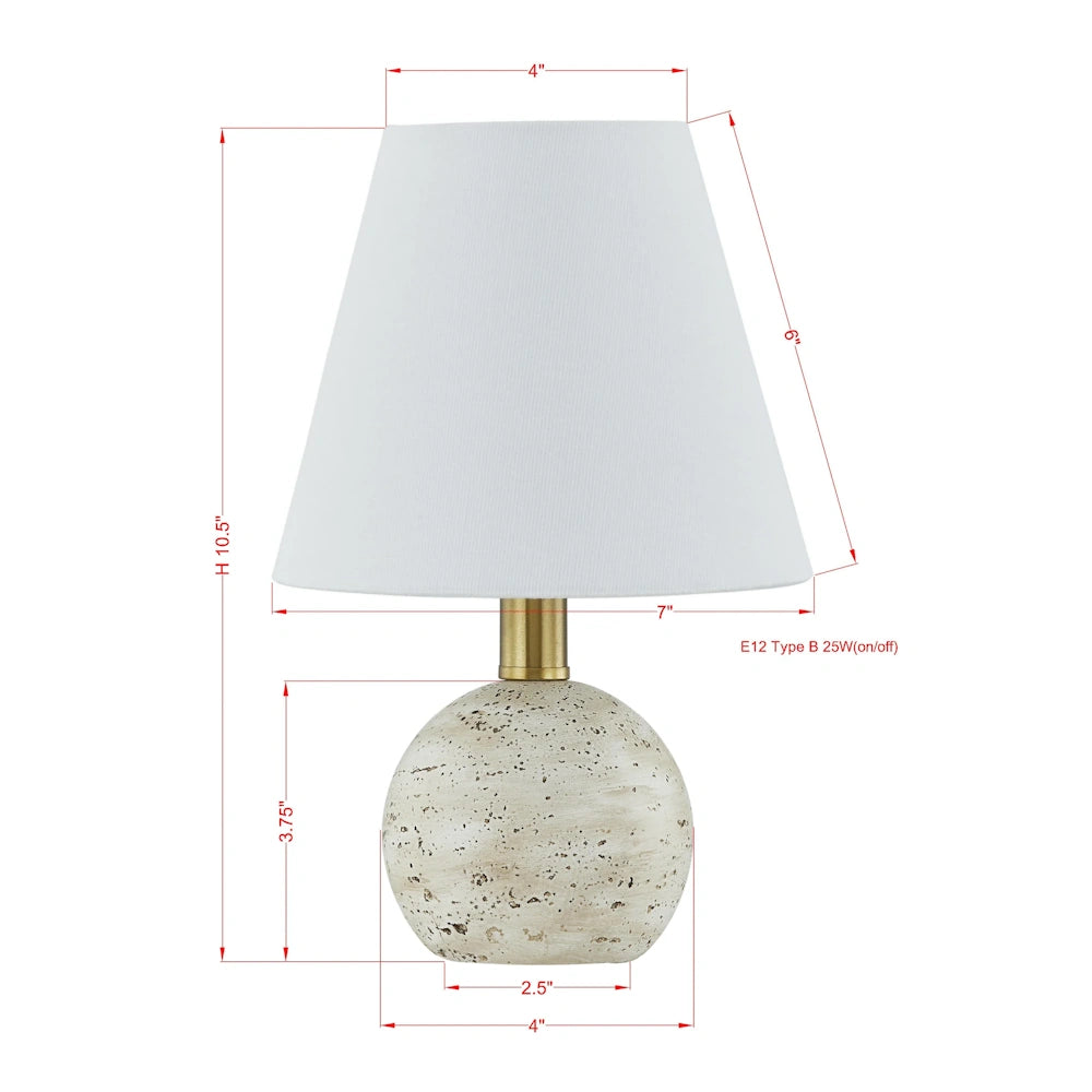Small table lamp with a white shade, stone-textured spherical base, and brass neck. Includes dimensions and bulb specs.