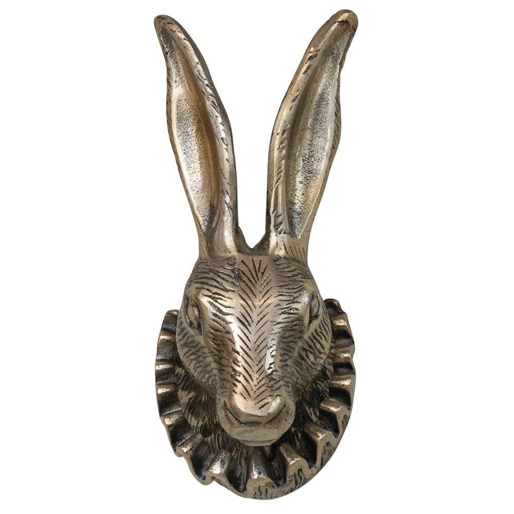 Antique brass rabbit wall hook, decorative bronze hare head with ruff, rustic animal wall art for home decor.