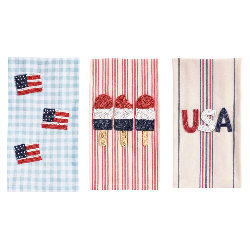 Americana beaded hand towel set with US flags, red white and blue popsicles, and USA text on plaid and striped fabric.