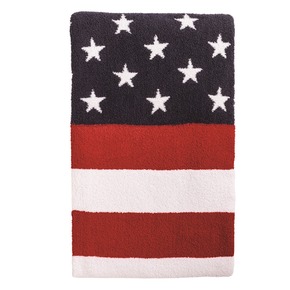 Red and white striped fleece blanket with a navy blue star pattern field, featuring a cozy Americana patriotic design.