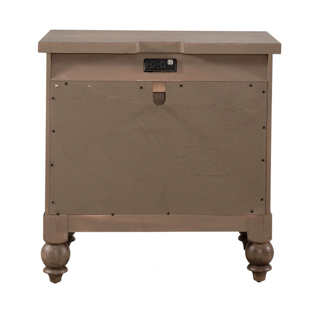 Back view of a brown wooden nightstand with turned feet and a built-in power charging station.