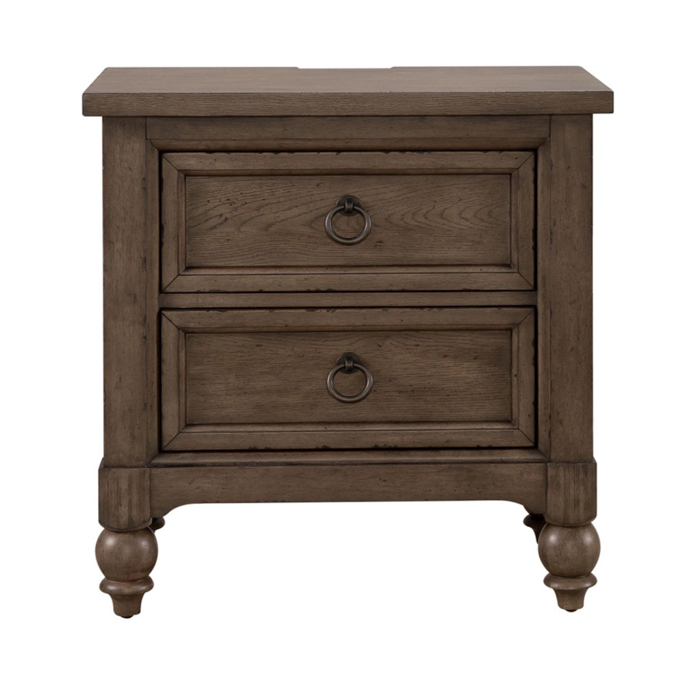 Front view of a brown wooden 2-drawer nightstand with dark ring pull handles and turned bun feet.