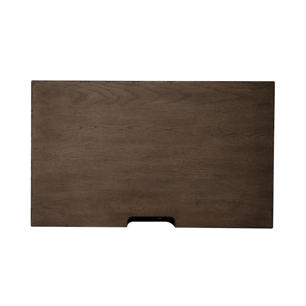Top-down view of a rectangular brown wooden nightstand surface with a cutout for cord management.
