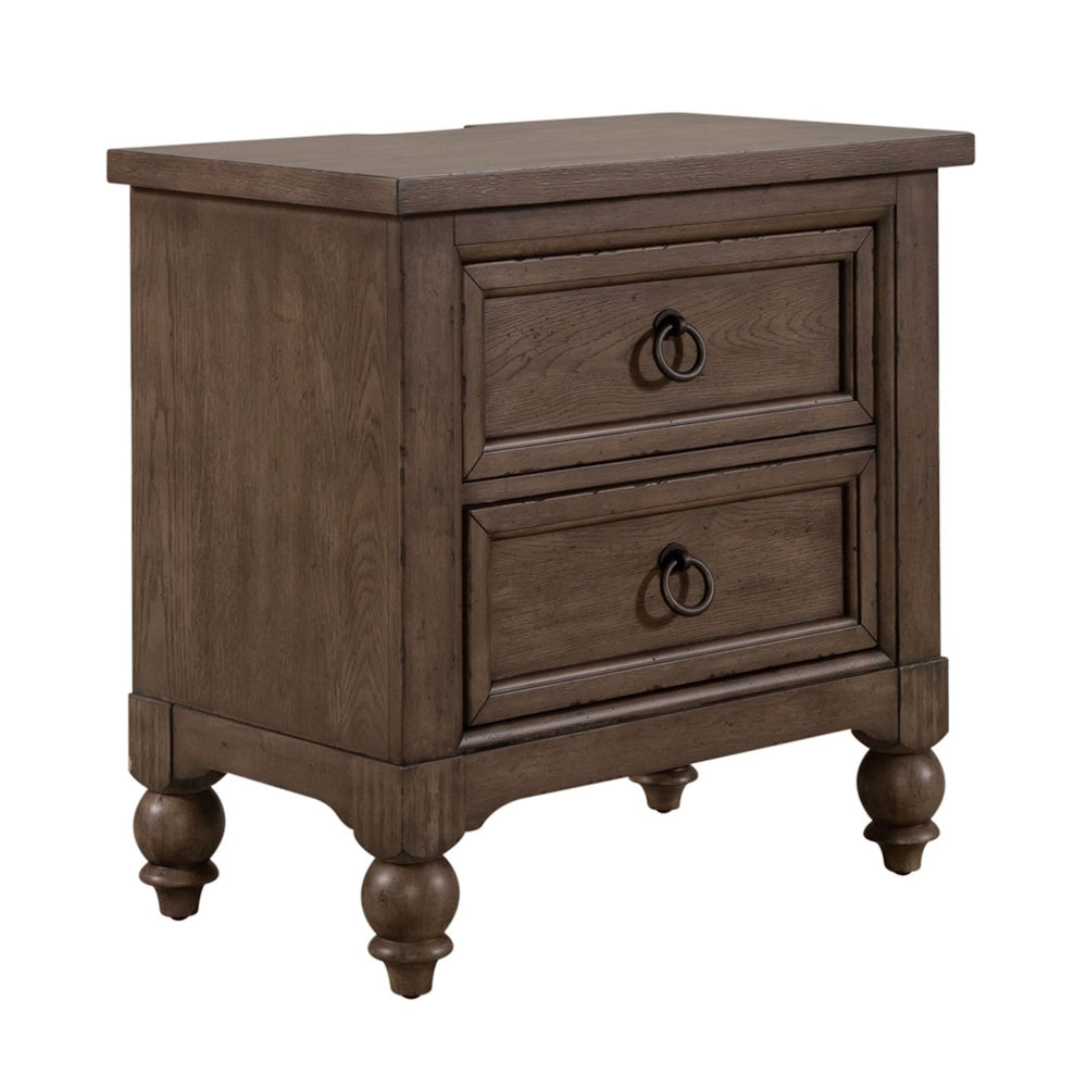 Rustic brown wooden 2-drawer nightstand with dark ring pull handles and turned bun feet.