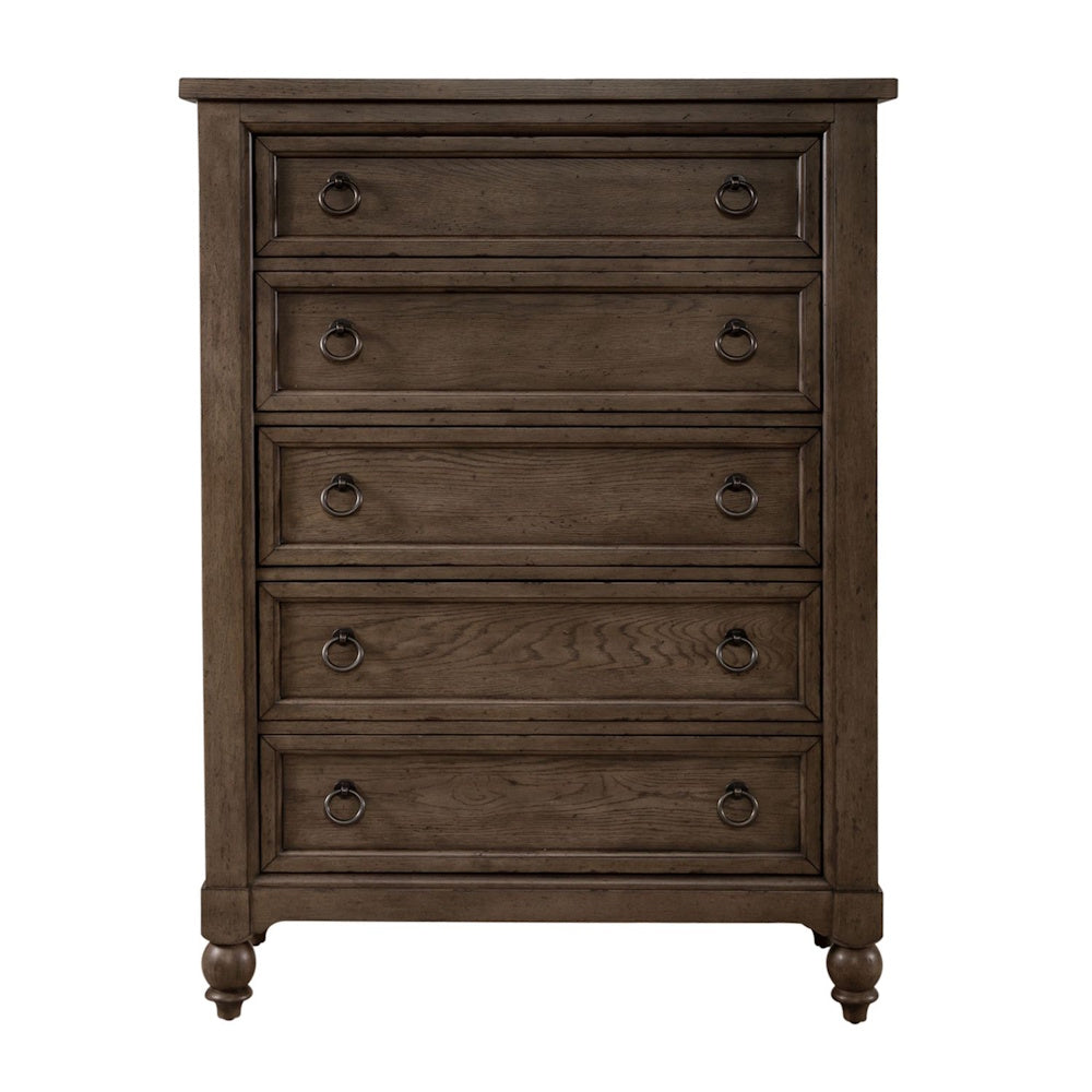 Front view of a brown wooden five-drawer chest with dark ring pull handles and turned bun feet.