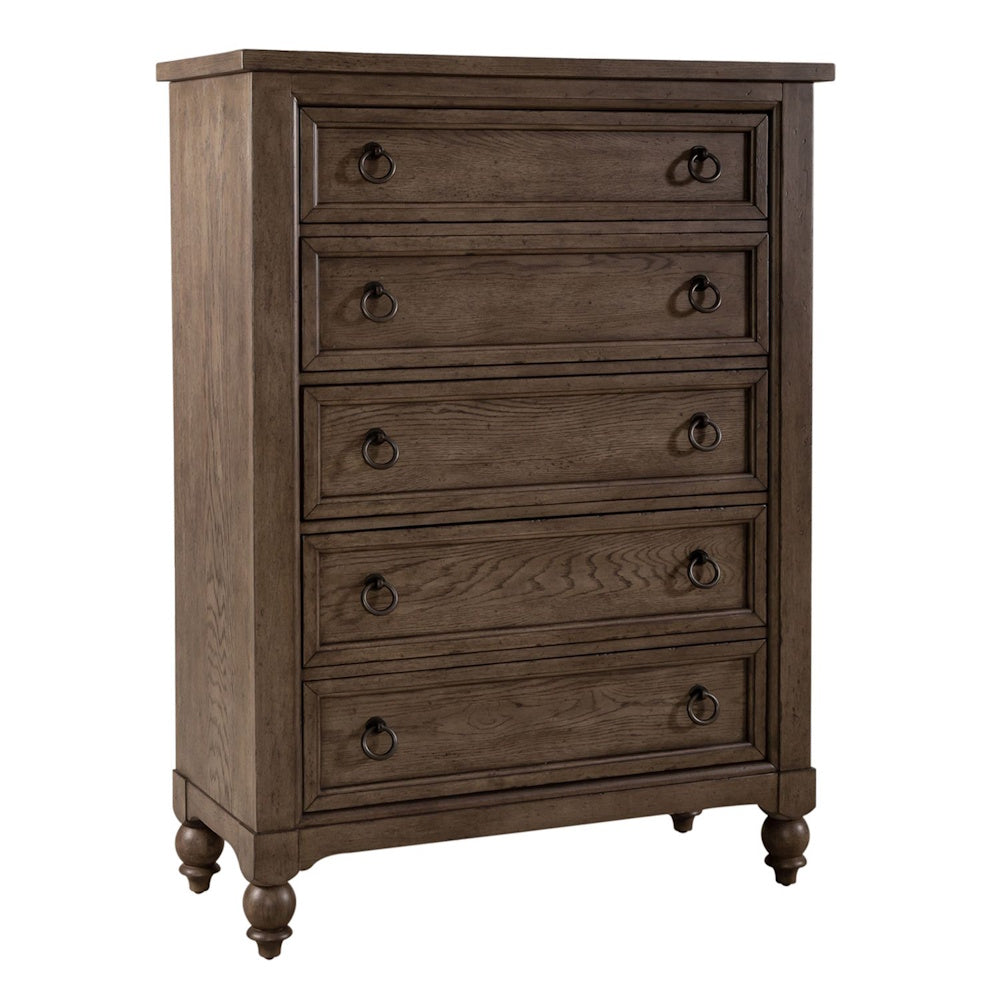 Rustic brown wooden five-drawer chest of drawers with ring pull handles and turned legs.