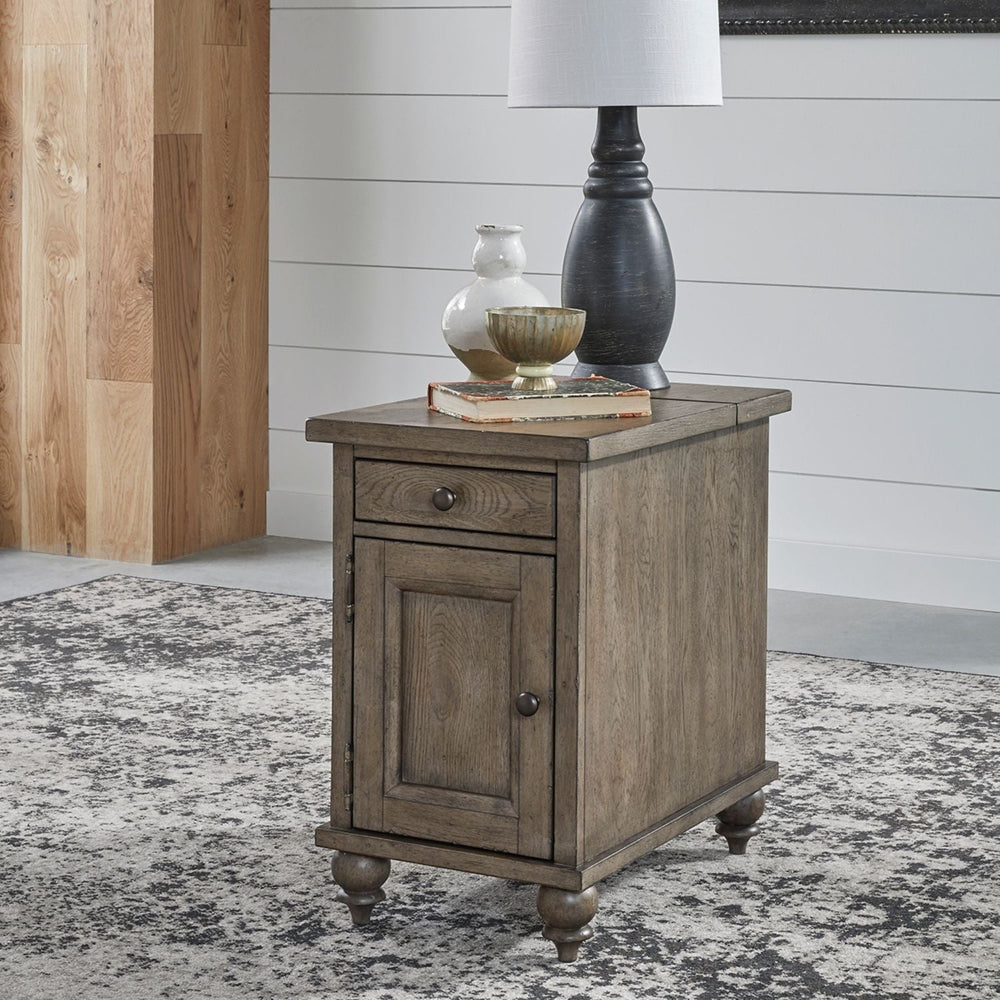 Rustic Americana farmhouse chair side table with a drawer, cabinet door, and top lamp.