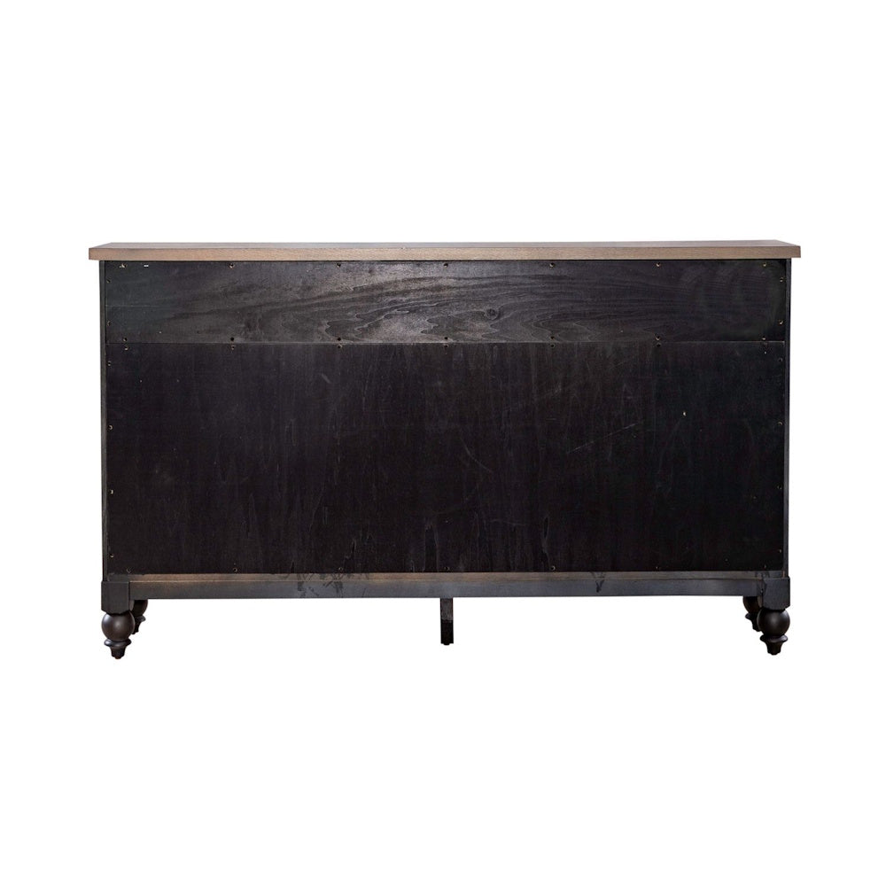 Back view of a black wooden hall buffet with a flat back panel and turned legs.