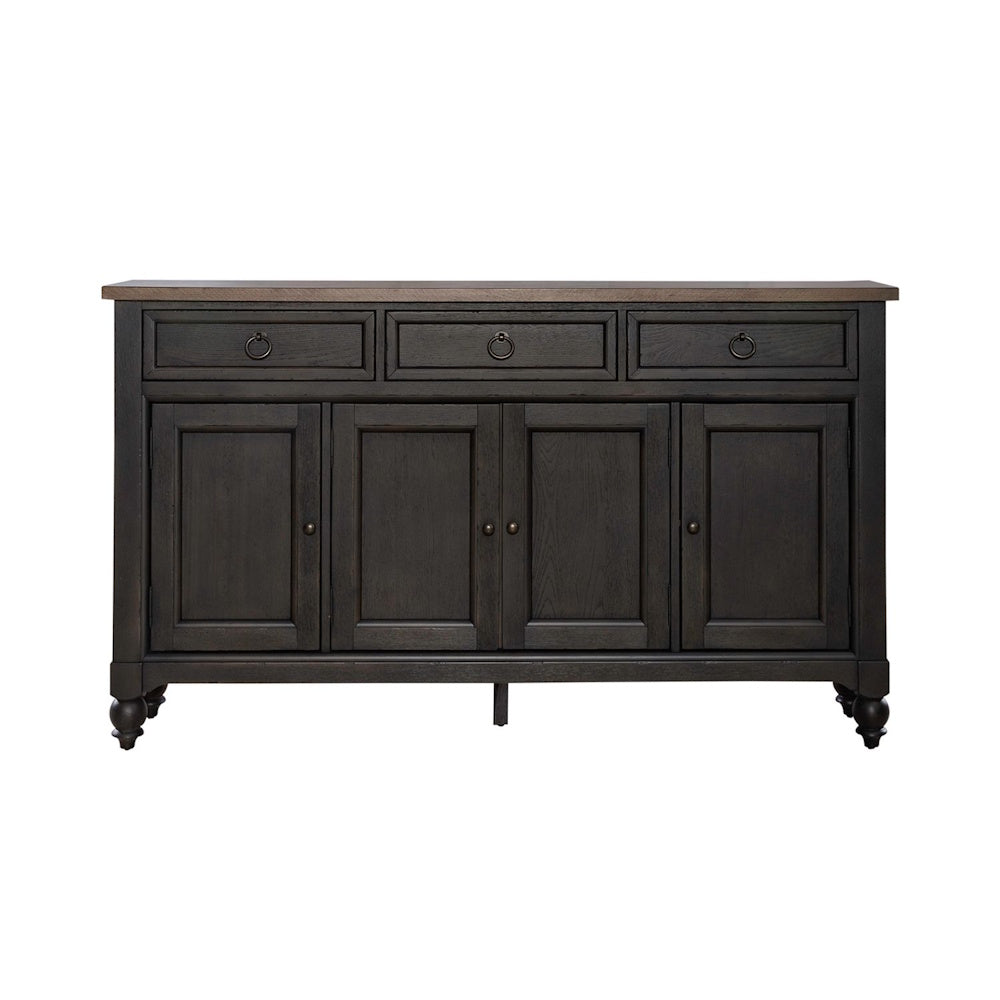 Front view of a dark wooden hall buffet with three top drawers and four cabinet doors.