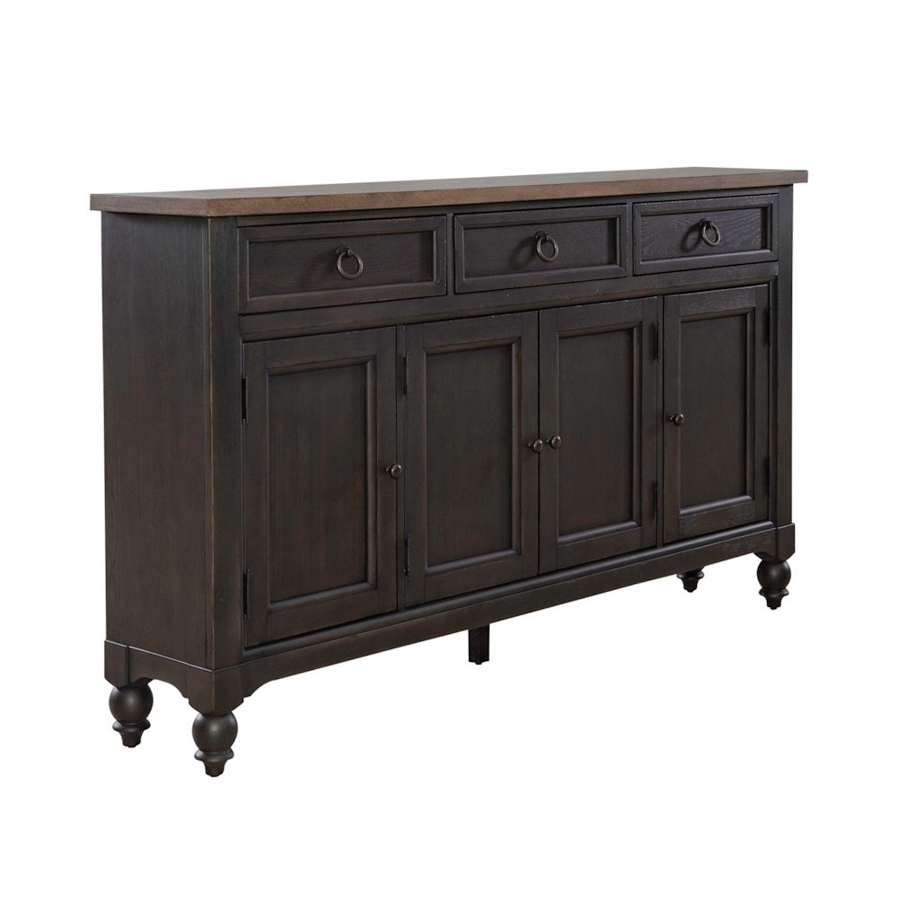 Black wooden hall buffet featuring three top drawers, four cabinet doors, and a natural wood top.