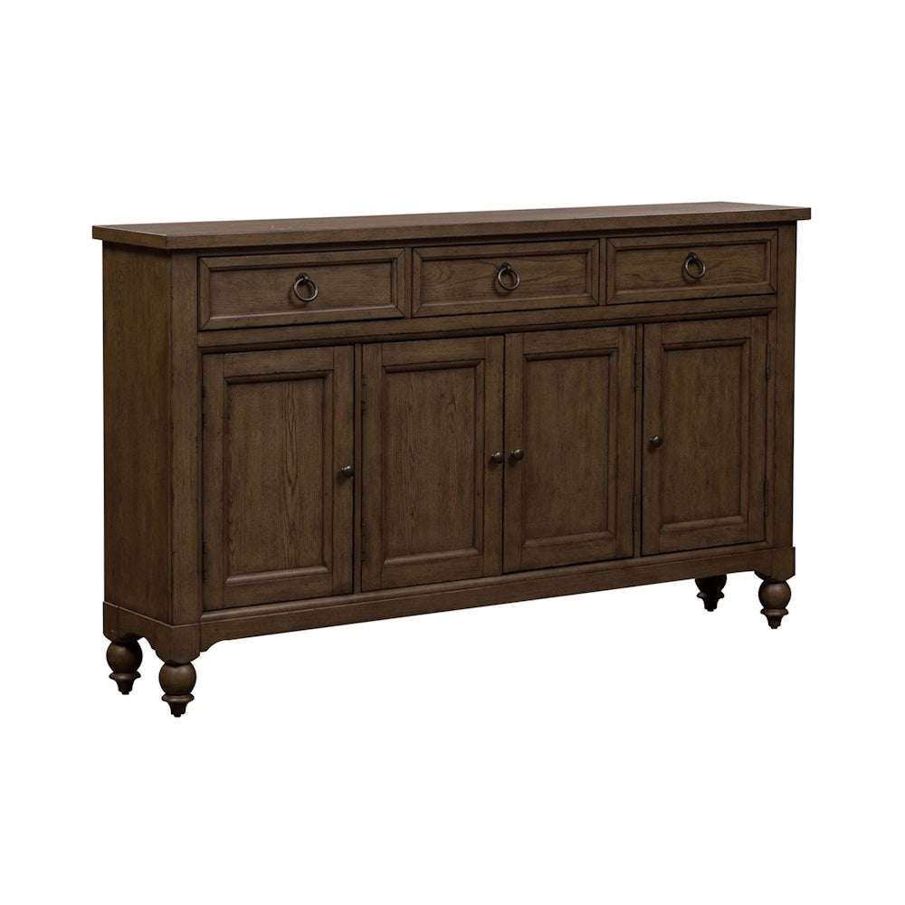 Rustic brown wooden farmhouse buffet cabinet featuring three drawers and four lower cabinet doors.
