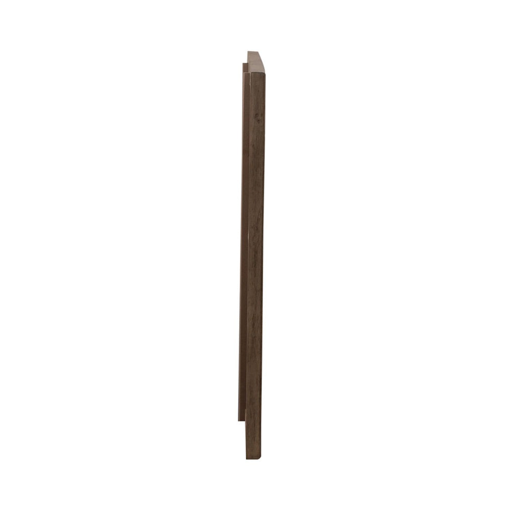Side profile view of a thin rectangular mirror with a rustic brown wooden frame.