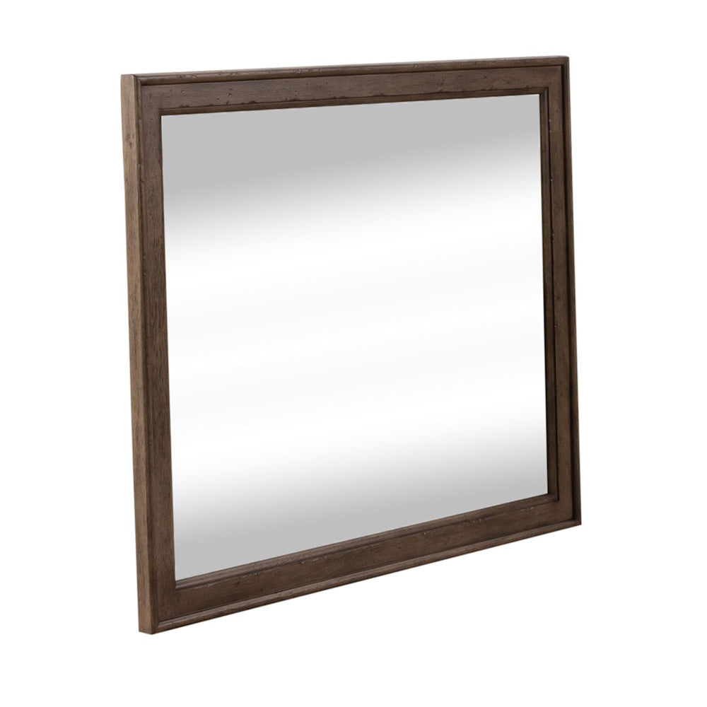 Large rectangular wall mirror set in a rustic brown wooden frame shown from a side angle.