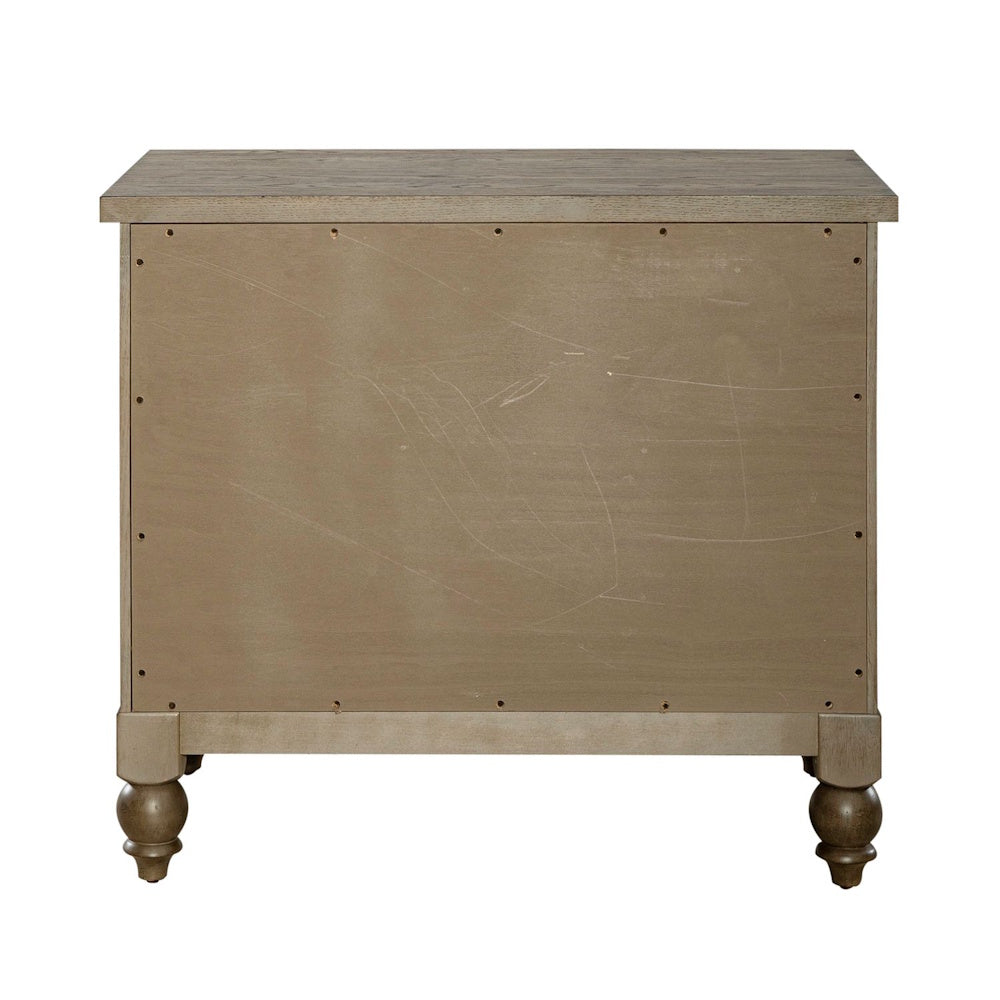 Back view of a wooden lateral file cabinet with a finished panel and turned bun feet.