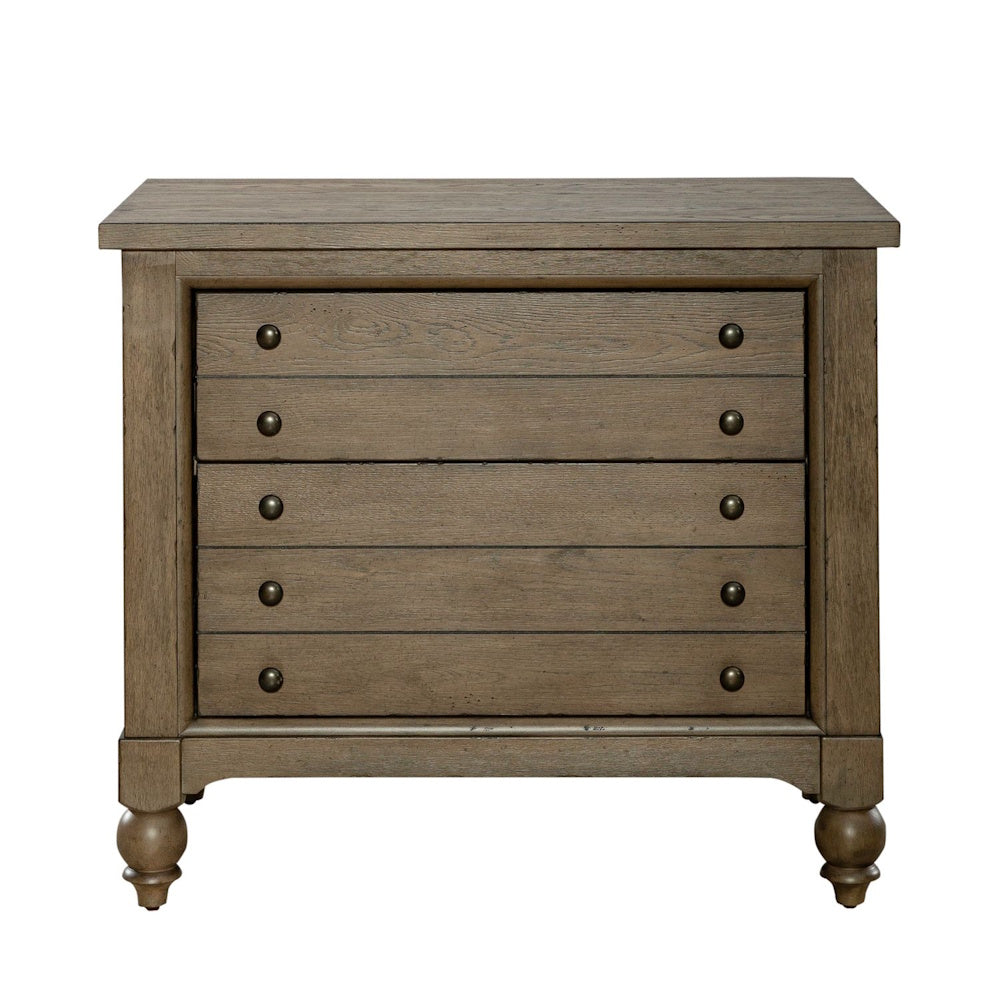 Front view of a brown wooden lateral file cabinet featuring planked drawer fronts and dark knobs.