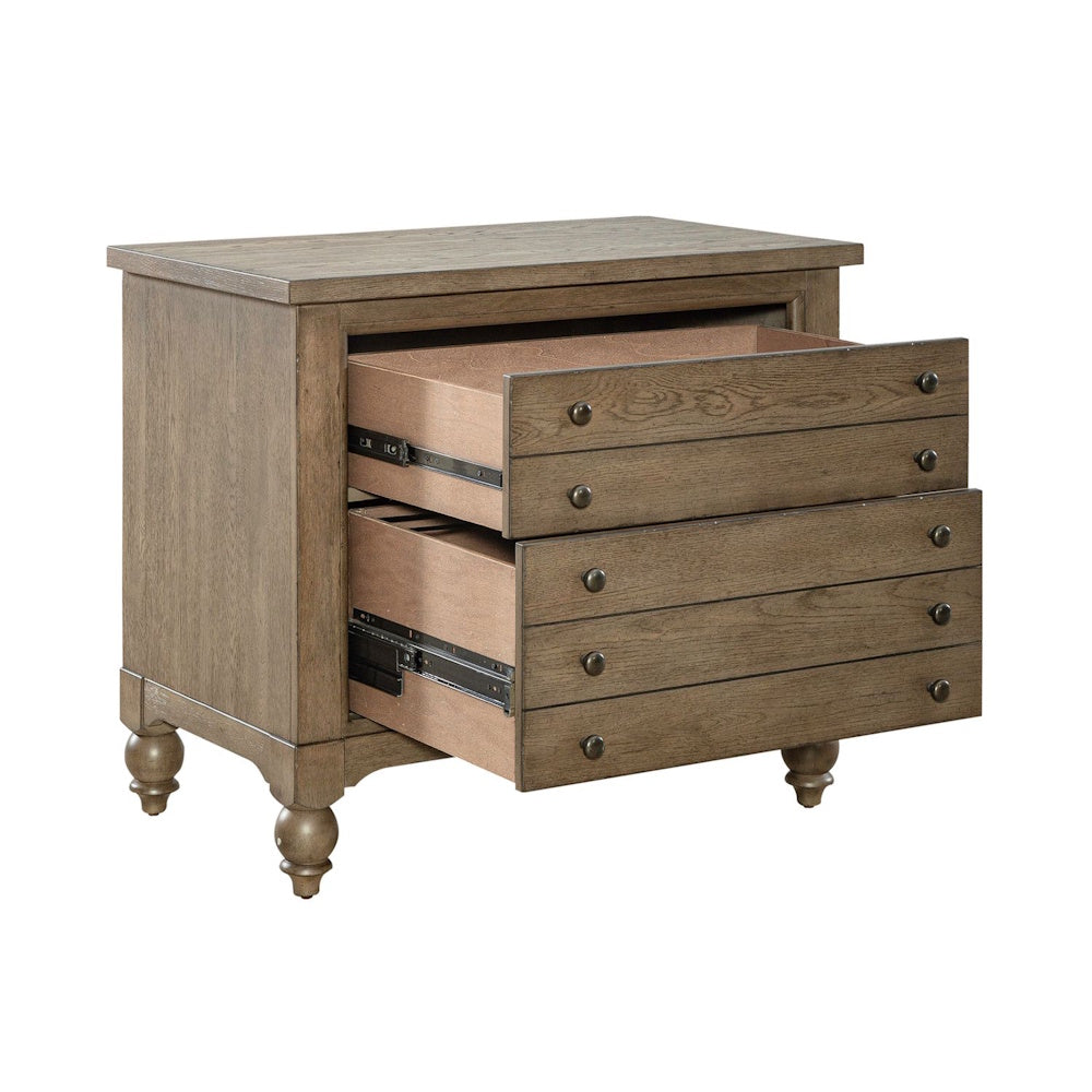 Wooden lateral file cabinet with both drawers pulled open showing smooth side glides.