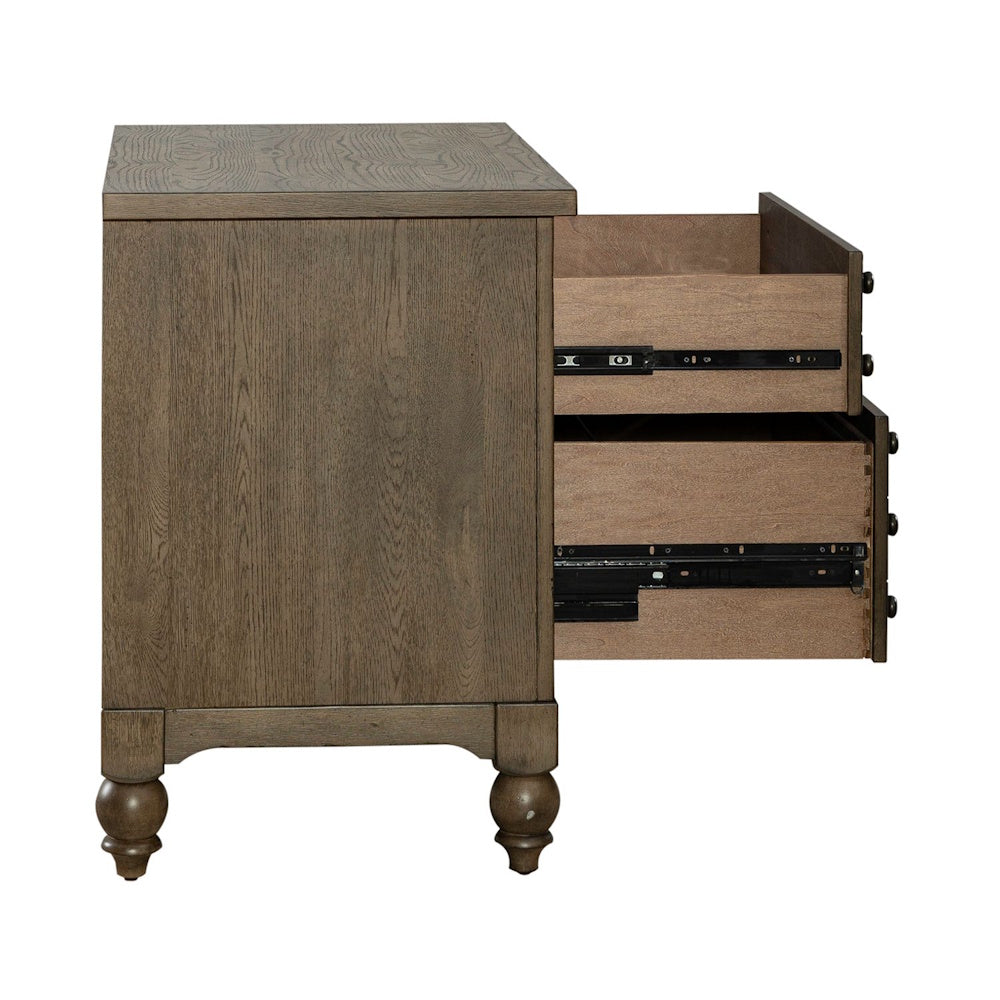 Side view of a wooden lateral file cabinet with both drawers extended on metal glides.