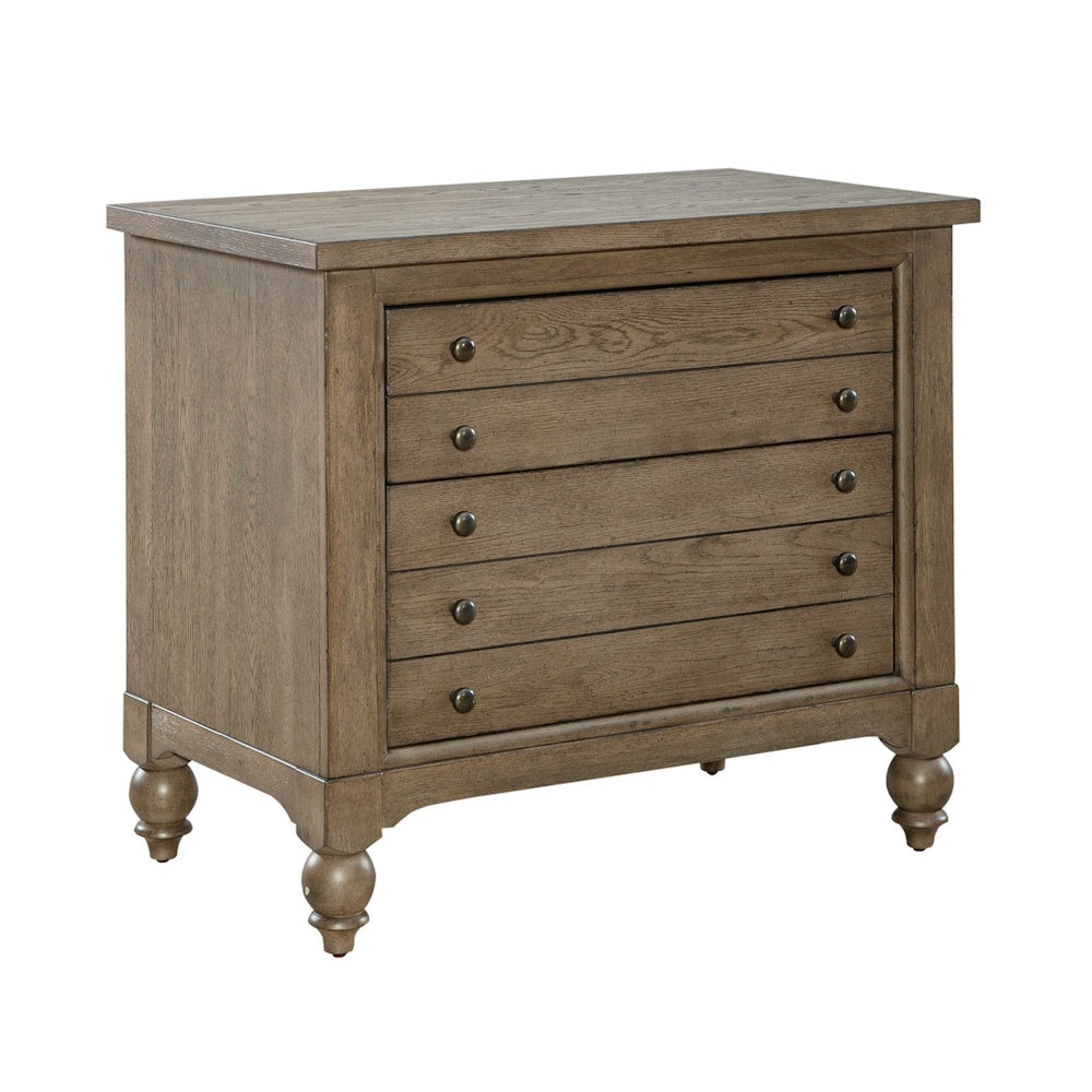 Rustic brown wood lateral file cabinet with dark metal knobs and turned bun feet.