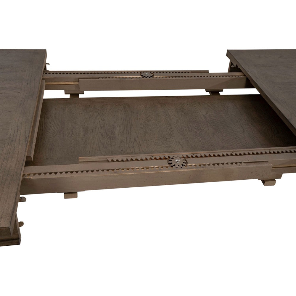 Close up of the Americana farmhouse rectangular leg table wooden extension leaf gear mechanism.