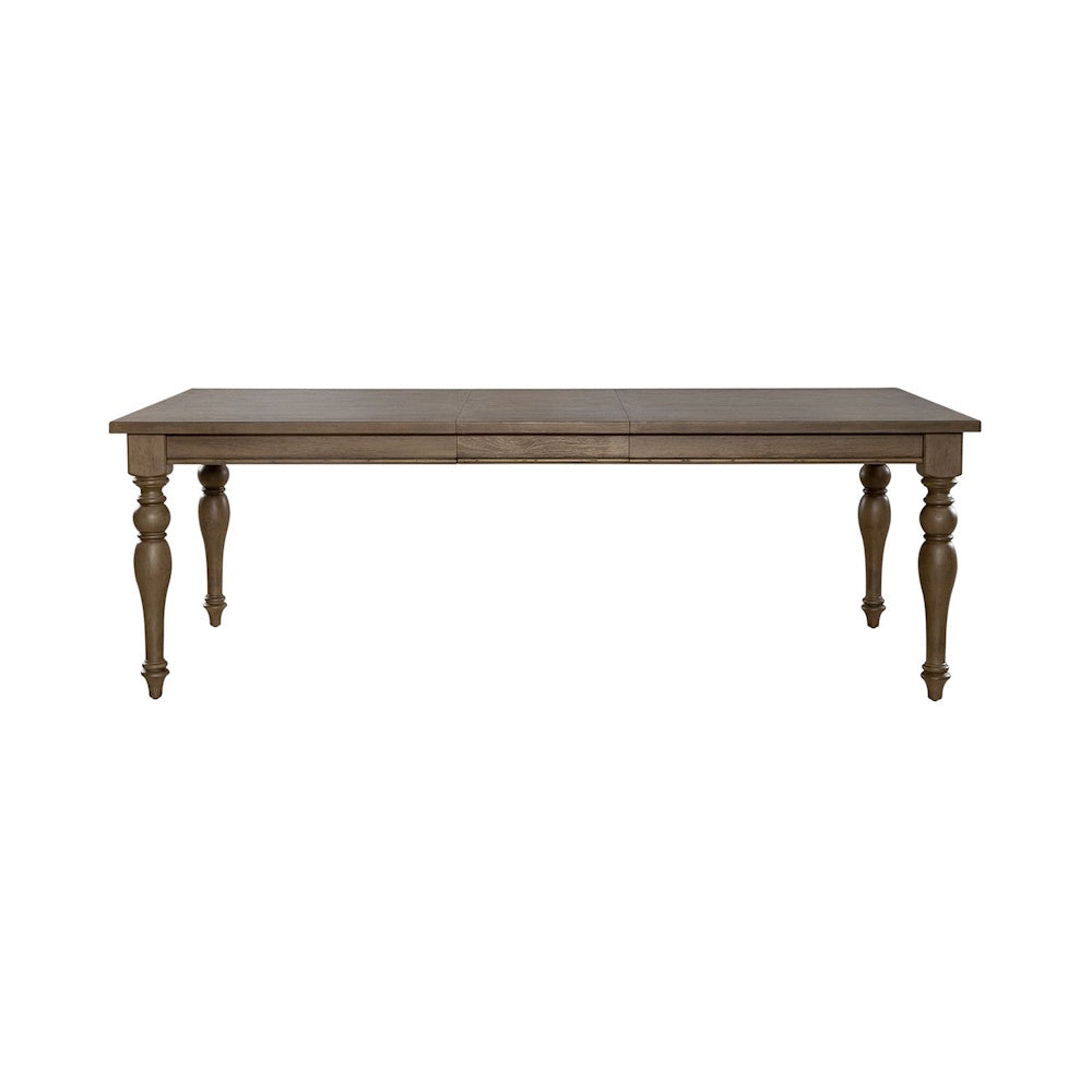 Front view of an Americana farmhouse rectangular leg dining table with turned wood legs and a brown finish.