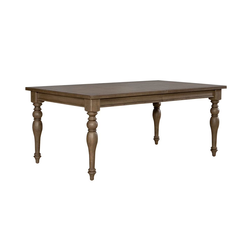 Side angle view of the Americana farmhouse rectangular leg table in rustic brown wood.