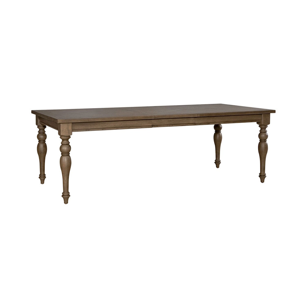 Americana farmhouse rectangular leg table in a rustic brown wood finish.