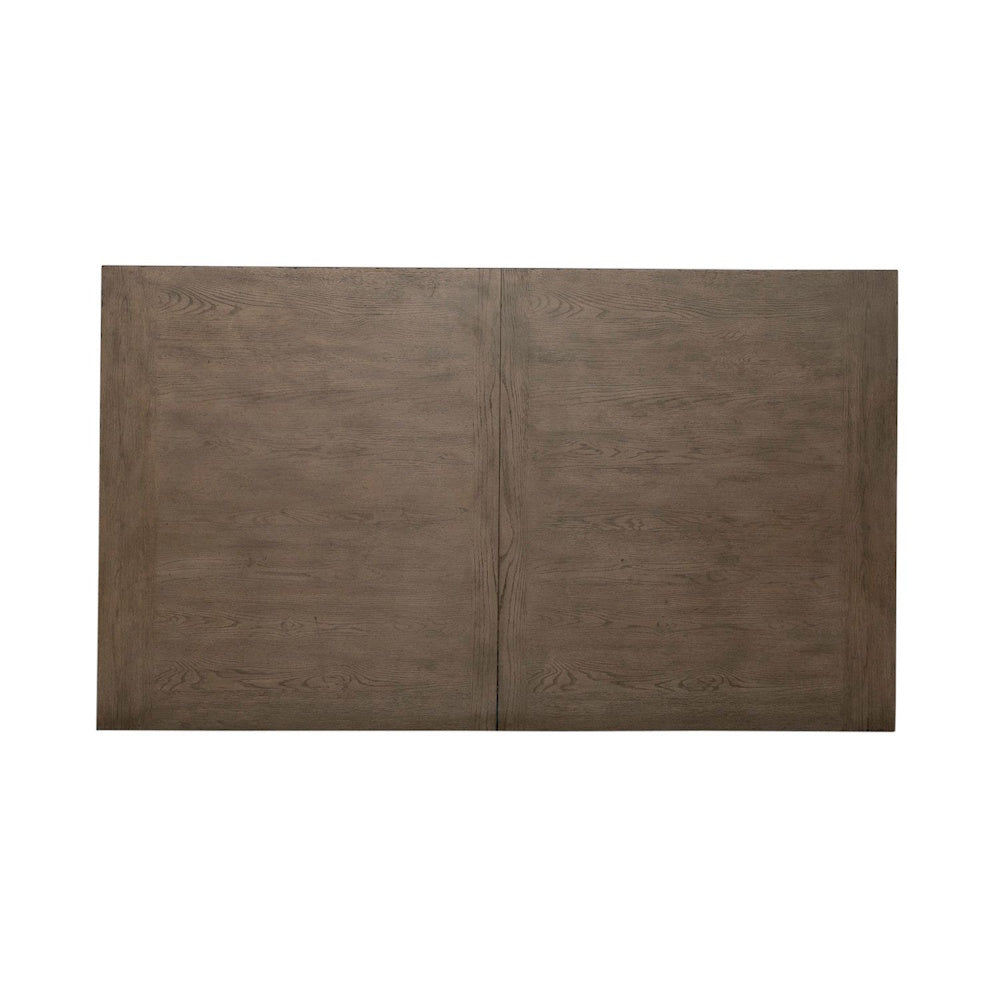 Top down view of a rustic Americana farmhouse rectangular wood dining table top with natural grain finish.
