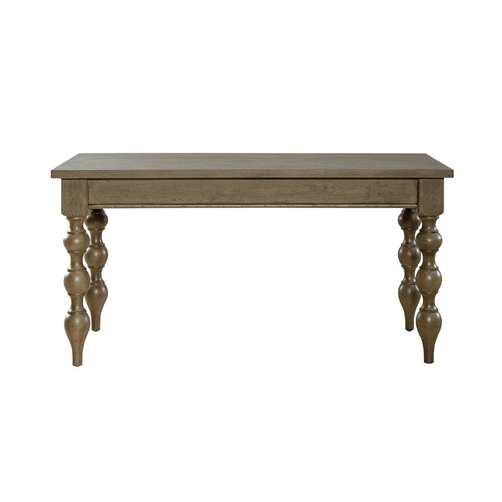 Back view of a wooden writing desk featuring a finished reverse side and turned spindle legs.