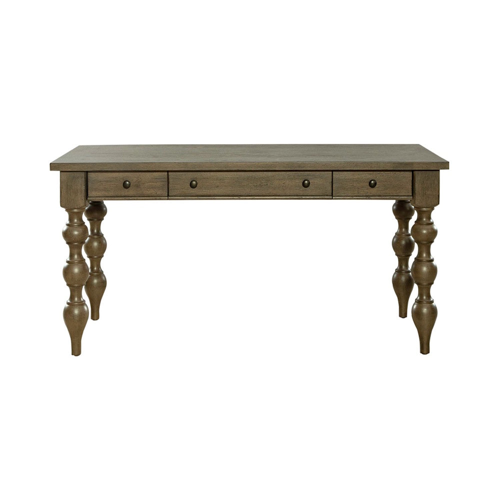 Front view of a wooden writing desk featuring three storage drawers with round dark metal knobs.