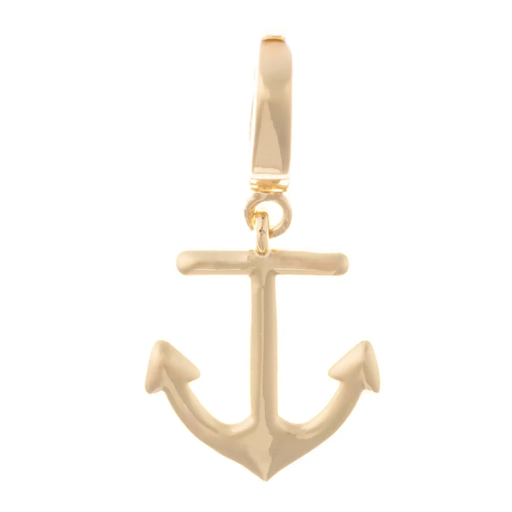 Polished gold nautical anchor pendant charm on a white background.