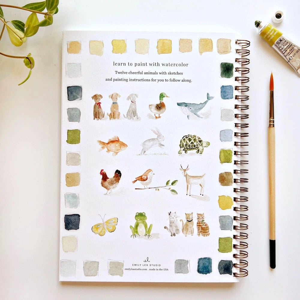 Back cover of an Animals watercolor workbook displaying animal illustrations and color swatches.