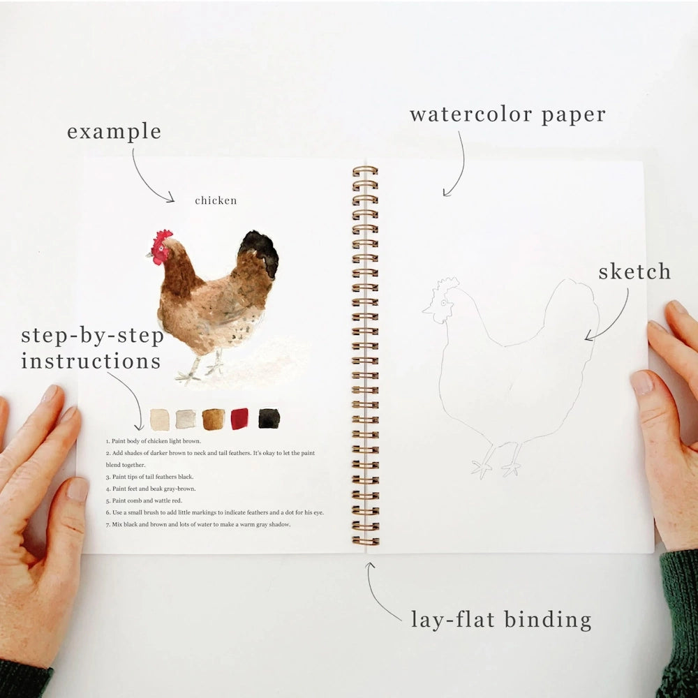 Open spiral workbook displaying a chicken painting example, instructions, and blank sketch page.