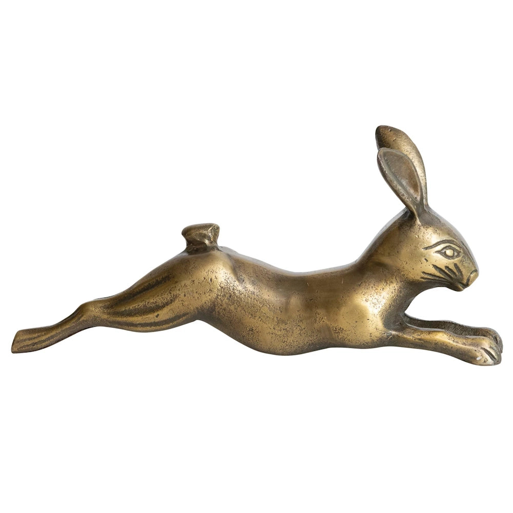 A vintage-style bronze sculpture of a leaping hare, with an aged patina, depicted in a dynamic running pose.