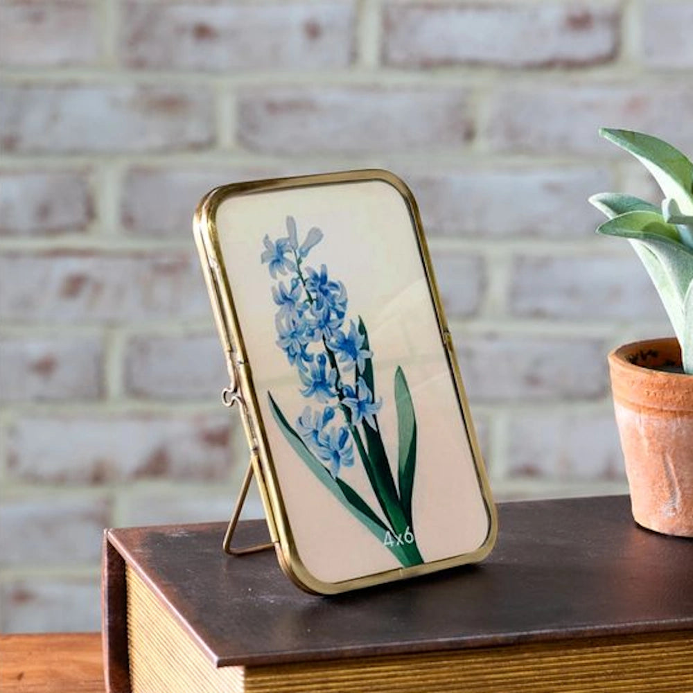 Antique brass 4x6 photo frame with blue hyacinth art on a vintage book against a white brick wall.