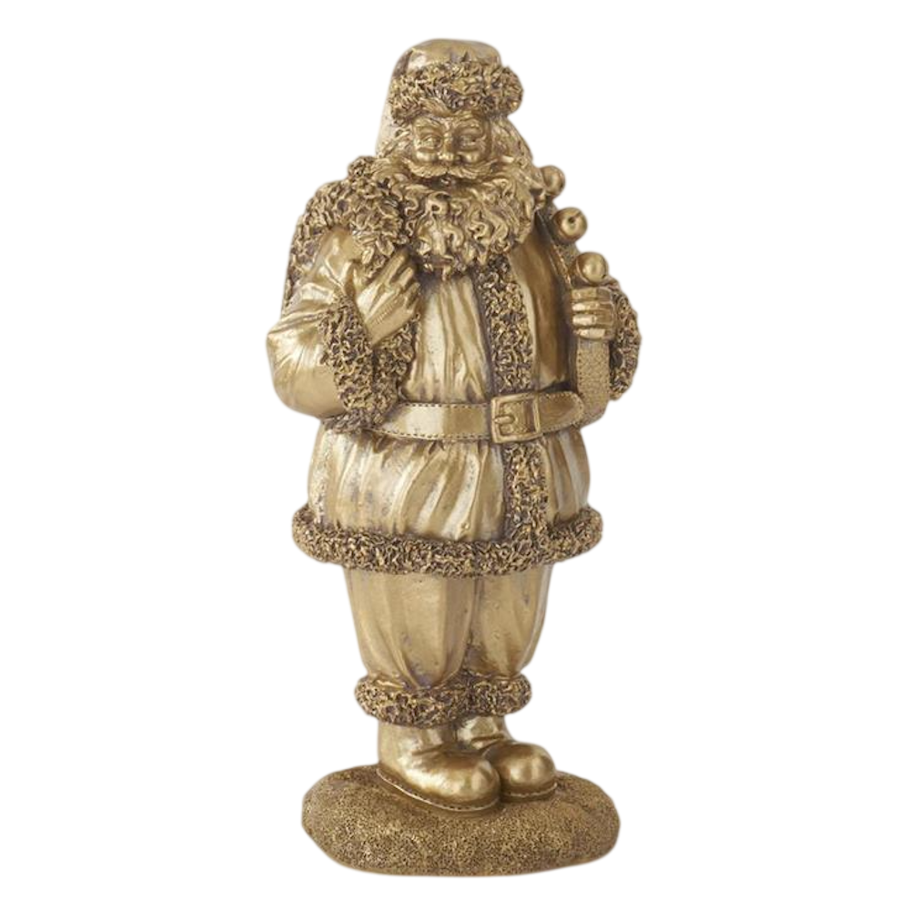 An antique gold resin Santa Claus figurine holding gifts and wearing textured trim.