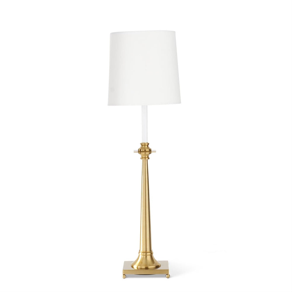 Elegant tall brass buffet lamp with a slim tapered base and a classic white drum shade on a white background.