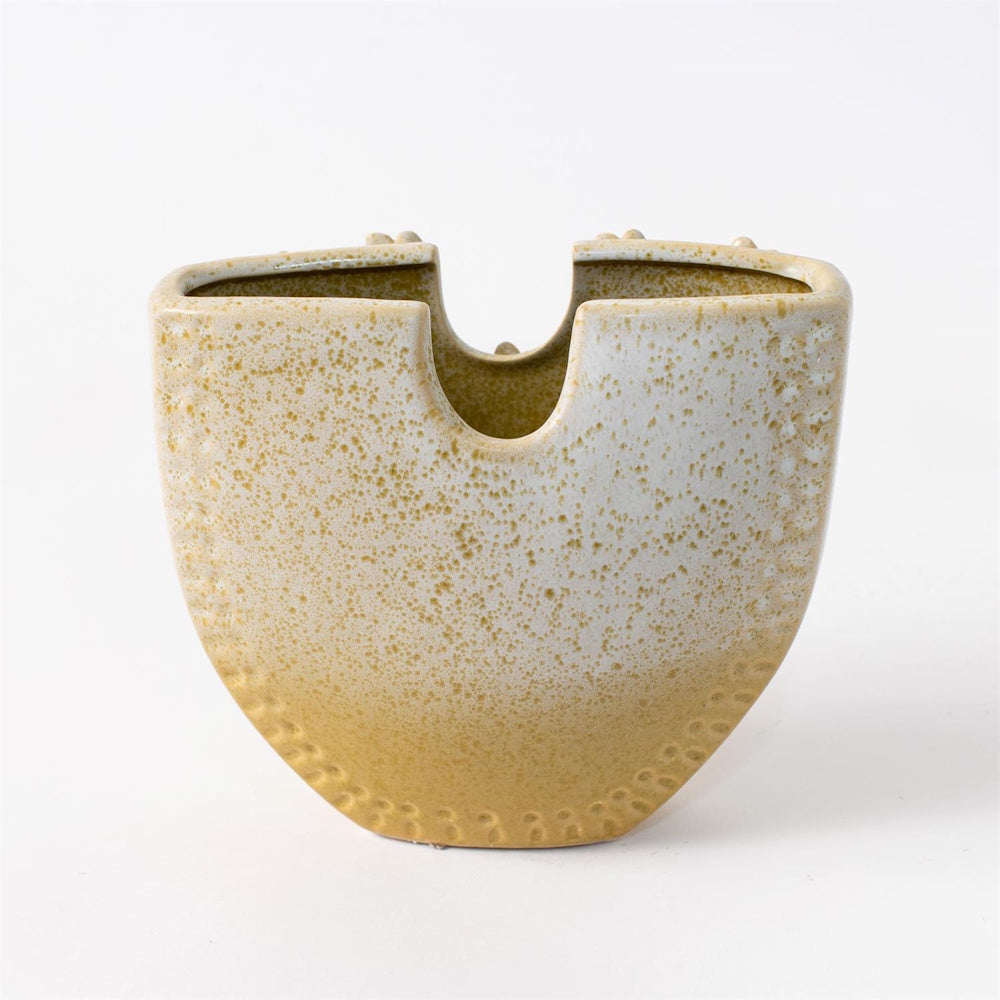 Speckled beige and yellow ceramic butterfly-shaped vase with a textured matte finish on white background.