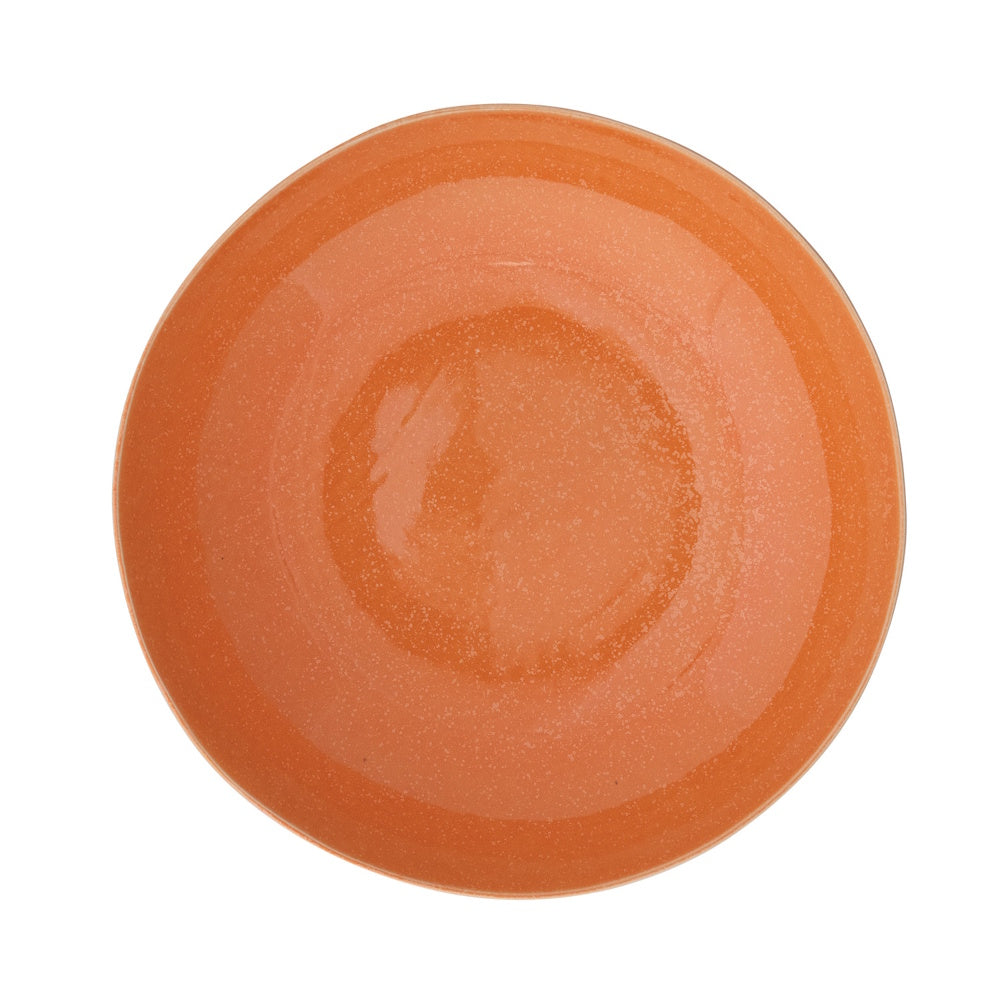Top-down view of a round, apricot-orange stoneware low bowl with a subtle speckled glaze.