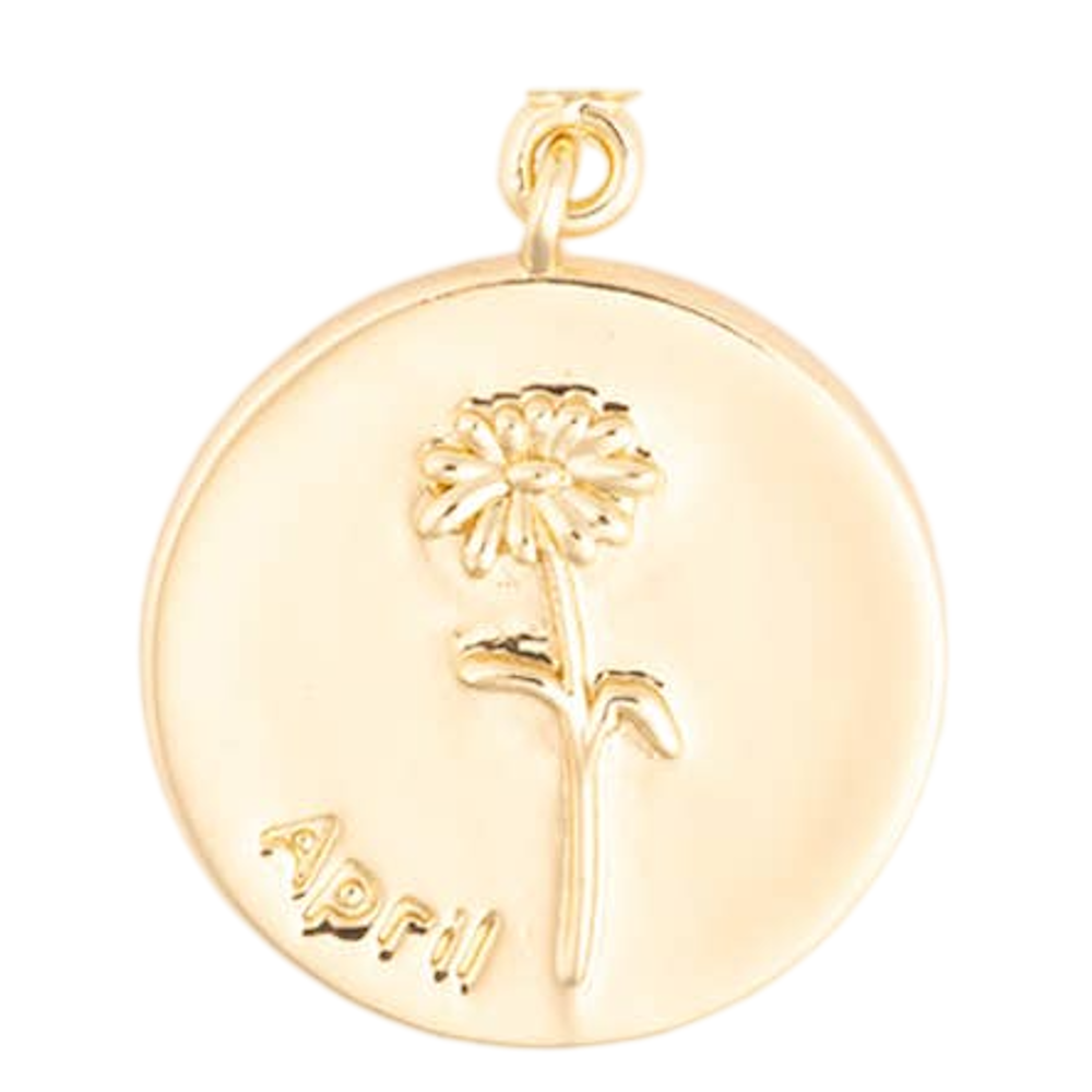 Round gold pendant charm featuring an engraved daisy flower and the word "April".